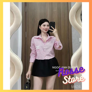 Áo sơ mi thô sọc kẻ thêu Chan.ne dáng croptop tôn dáng siêu đẹp| Áo sơ mi dáng croptop thêu X siêu đẹp phong cách HàQuốc