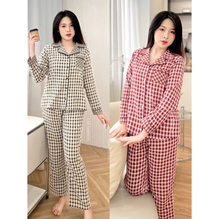 Đồ bộ mặc nhà nữ LILA kẻ caro phối cổ pyjama và tay áo chất thô cotton Nhật mềm mịn mát - P17