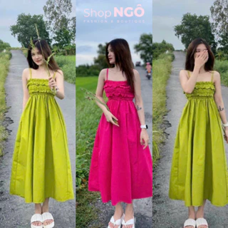 Đầm maxi 2 dây nhún ngực dáng xoè dài dáng dài đầm xoè đi biển 2 màu hottrend