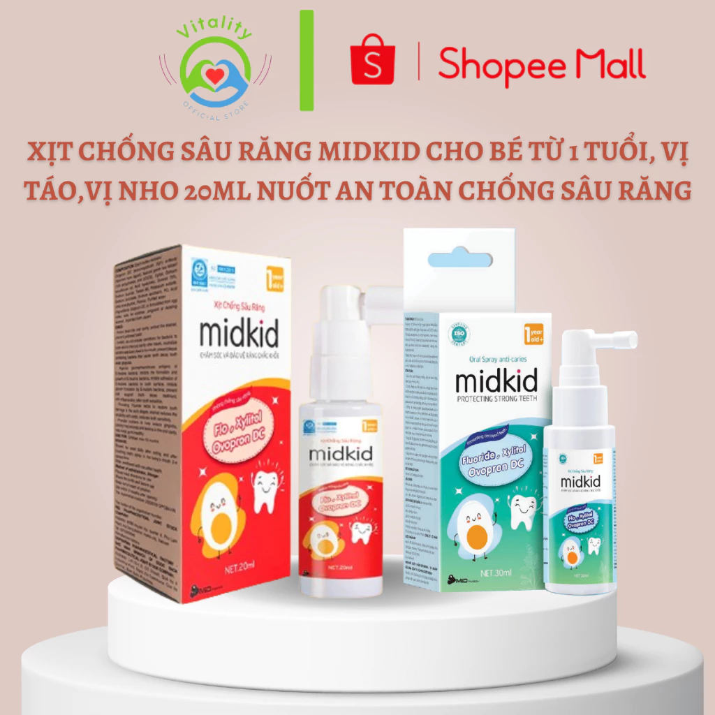 Xịt chống sâu răng Midkid cho bé từ 1 tuổi, vị táo 20ml nuốt an toàn, giúp làm sạch mảng bám, ố vàng và bảo vệ men răng