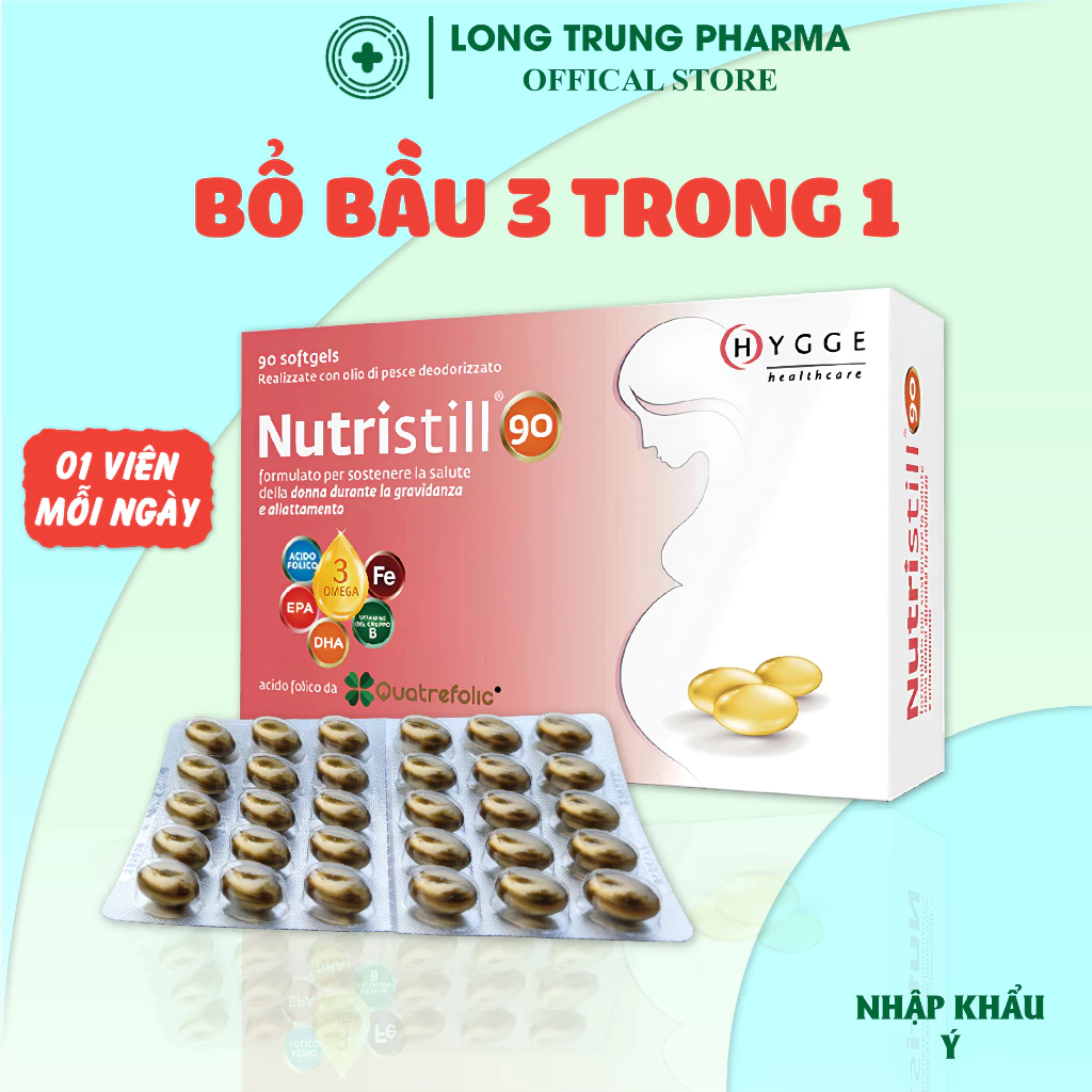 Bổ bầu NUTRISTILL 90 Bổ sung vitamin tổng hợp cho bà bầu, đầy đủ Sắt, DHA, Acid folic (Hộp 30 viên) - Nhập Khẩu Ý