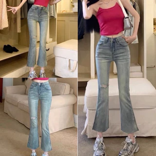 Quần jeans dáng loe xanh mài bạc rách đùi không gấu lưng cao co giãn