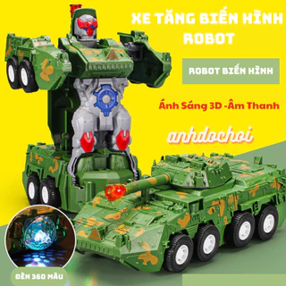 Đồ chơi trẻ em xe tăng biến hình robot tự động có đèn và nhạc quay 360 độ anhdochoi