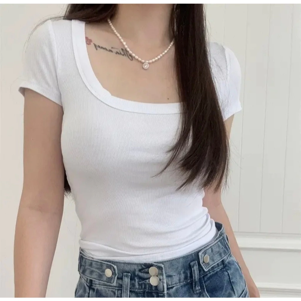 Áo Thun Nữ Cộc Tay Cổ Vuông Basic, Áo Croptop Trơn Dáng Ôm Body Chất Co Dãn Nana Shop V23