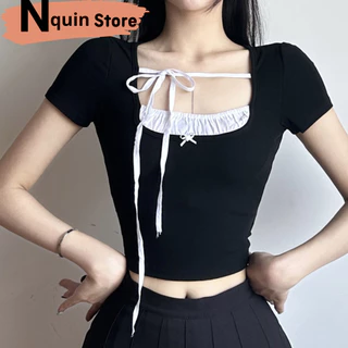 Áo croptop nữ ngắn tay cổ vuông phối màu tương phản cột nơ ôm body cực tôn dáng Nquin