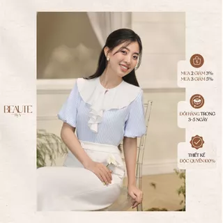 BEAUTEBYV - Áo nữ phối bèo xiên trắng Leha