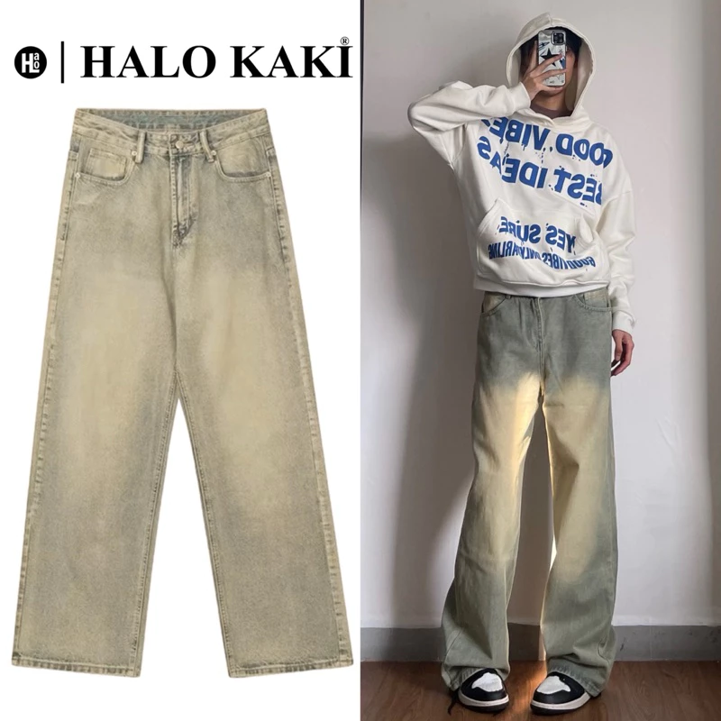 XANH BỤI VÀNG - JEANS WASH FORM ỐNG RỘNG PHỦ GÓT CHÙM GIÀY PHONG CÁCH Y2k HALO KAKI