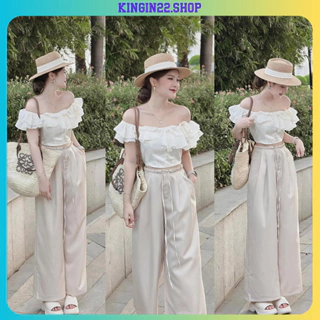 Set Bộ Đồ Nữ - Áo Croptop Kem Tầng Bẹt Vai Bèo Mix Quần Ống Suông Rút Dây Lưng kingin22.shop