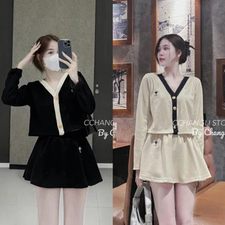 Set bộ đồ nữ tăm lạnh áo croptop dài tay cổ chữ V phối viền màu xinh mix chân váy chữ A với 2 tone màu tôn da, tôn dáng