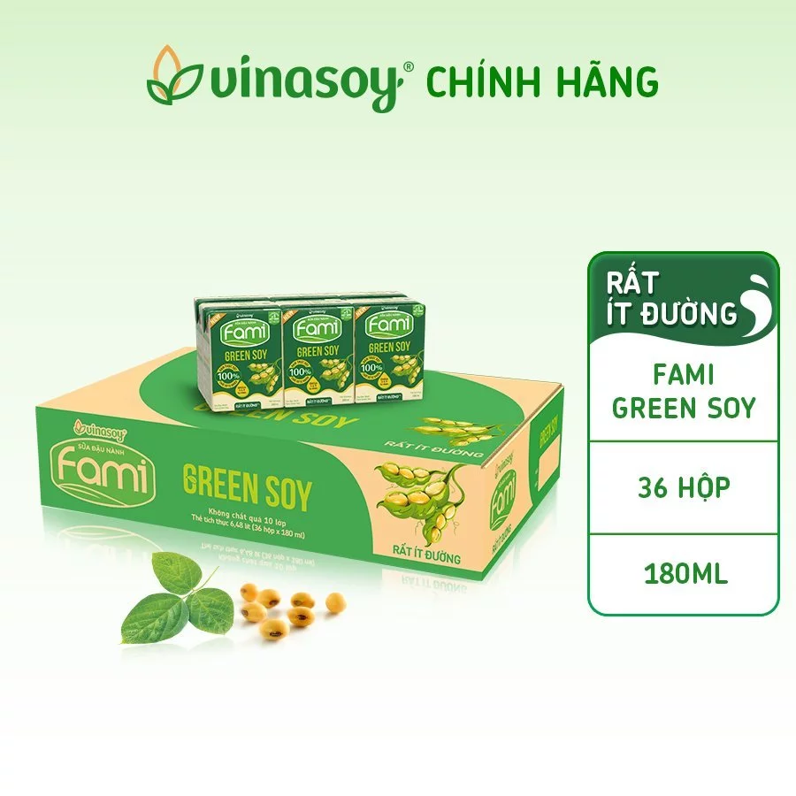 Thùng sữa đậu nành Fami Green soy rất ít đường (**) (36 hộp x 180ml)