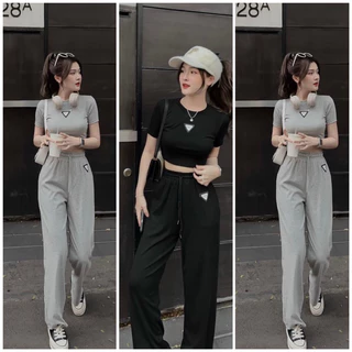 HCM _ SET BỌ THỜI TRANG NỮ,SET ÁO CROPTOP LOGO PRADA MIX QUẦN ỐNG RỘNG DÂY RÚT CÁ TÍNH _ĐỒ BỘ TẬN XƯỞNG XƯỞNG MAY THU LÊ