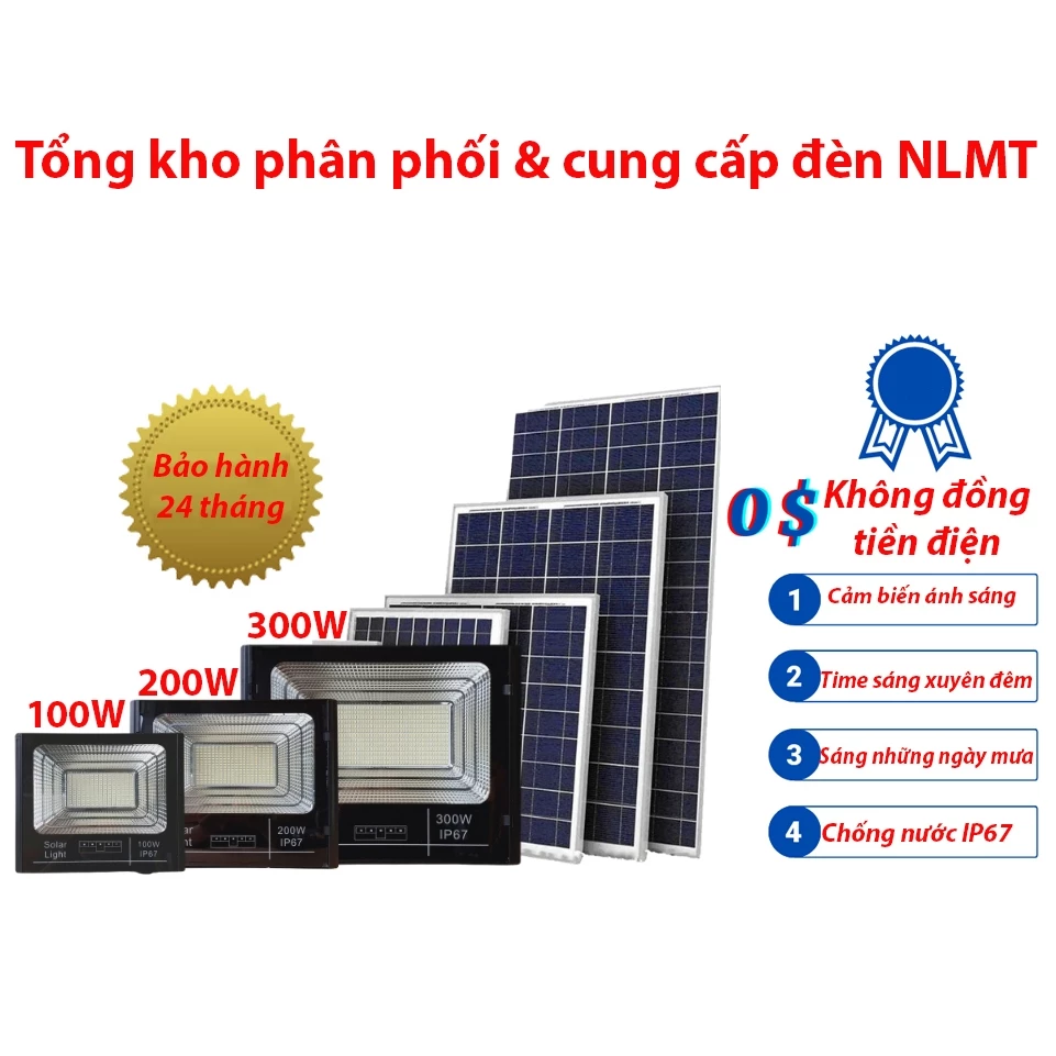 Đèn pha năng lượng mặt trời 100W, 200W, 300W, 500W,800w & 1000w  vỏ nhôm