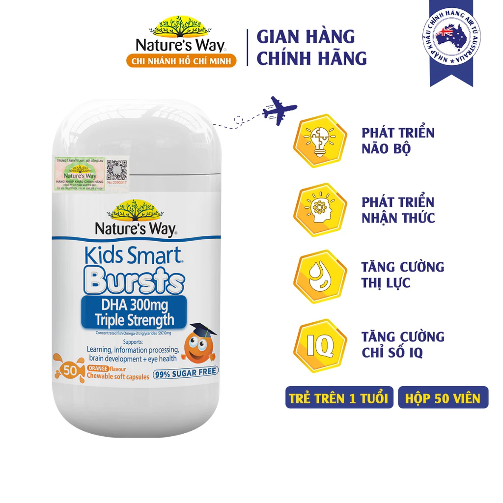 Viên Nhai Nature's Way Kids Smart DHA 300mg Triple Strength Tăng Cường Sự Phát Triển Của Trẻ 50 Viên