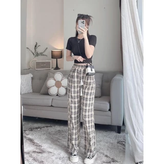 Set bộ nữ áo thun croptop trơn tay ngắn, phối quần đũi ống suông sọc thời trang cho các nàng đi chơi