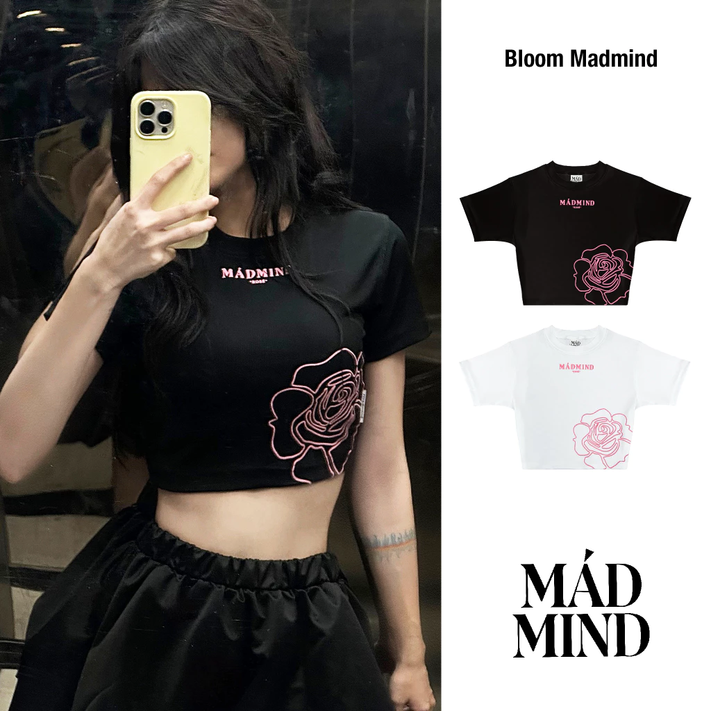 Áo Phông Croptop In Nổi Hoa Hồng Bloom Croptop Madmind Vải Thun Gân Cao Cấp, Form Ôm Body Sang Chảnh - Màu Đen / Tr