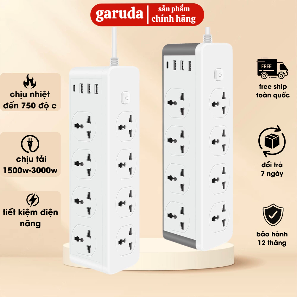 ổ điện đa năng chính hãng GARUDA 8 ổ cắm 3 cổng USB 15v sạc nhanh, 1 type c, ổ chịu tải 3000W, chống cháy