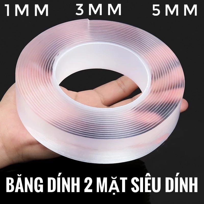 Băng Dính 2 Mặt Nano Trong Suốt Dài 5m - Băng Dính 2 Mặt Siêu Dính