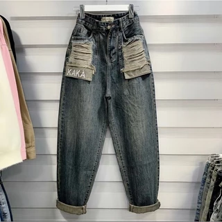 Quần jeans nữ baggy cạp cao túi rách thêu chất denim cotton pants QC dài 94cm MS0101