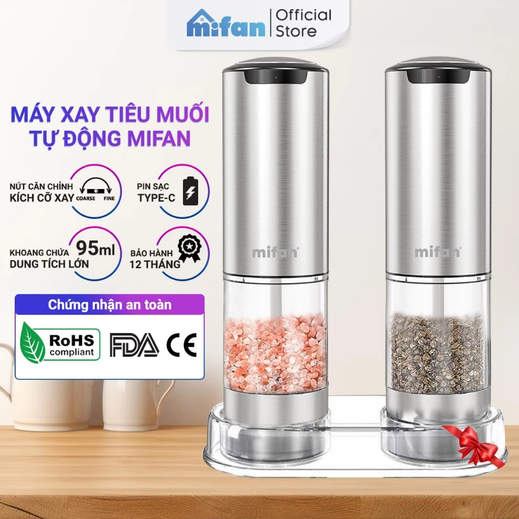 Máy Xay Tiêu Muối Tự Động Mifan Pepper Grinder - Pin Sạc Điện USB-C,  Điều Chỉnh Cỡ Xay, Lưỡi Gốm, Thân Vỏ Inox 304