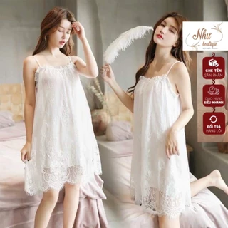 Váy ngủ công chúa , Đầm tiểu thư trễ vai  sexy hai dây phối ren gợi cảm tặng kèm quần chíp-NHƯ BOUTIQUE