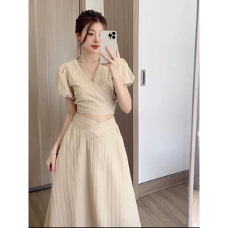 Set áo cổ V buộc nơ lưng kèm chân váy dài, Set áo croptop tay bồng kèm chân váy Julido Fashion V09