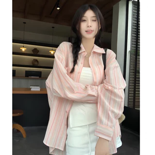 Áo kiểu nữ sơ mi dài tay kẻ sọc chất đũi 2 màu xinh pastel Qiho Official