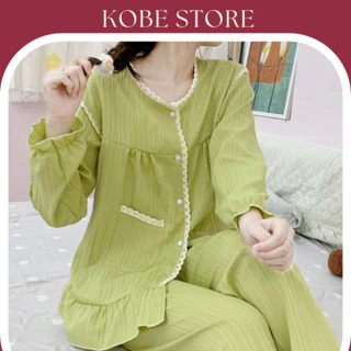 Bộ đồ ngủ pyjama mặc nhà xuân hè dài tay dễ thương hoạ tiết phối ren G109 - Kobe Store