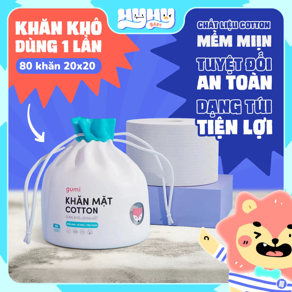 Khăn mặt khô Gumi 80 tờ dùng 1 lần lau khô, lau ướt - 100% chất liệu Cotton, Khăn lau mặt dùng một lần