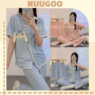 bộ ngủ nữ [FREESHIP] bộ ngủ nữ pijama BN21Nhiều Màu tặng thêm quần đùi họa tiết chú thỏ đeo nơ màu hồng Nuugoo211K200