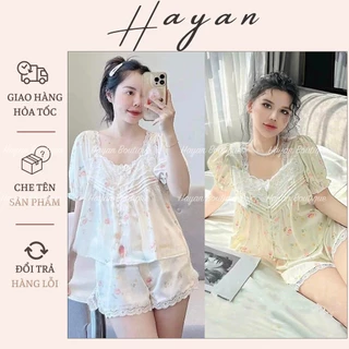 HT613 Bộ pijama tiểu thư hoạ tiết hoa nhí sang chảnh, set đồ ngủ cổ vuông tôn dáng HT613