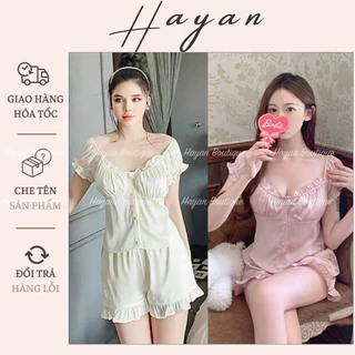 HT614 Bộ pijama tiểu thư cổ vuông tay bo kèm ĐỆM LÓT, set đồ ngủ sang chảnh tôn dáng HT614 MÚT