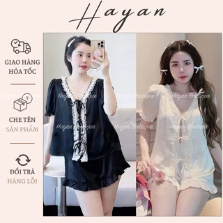 HT616 Bộ pijama lụa phối ren tay bo sang chảnh, set đồ ngủ LYLY tiểu thư tôn dáng HT616