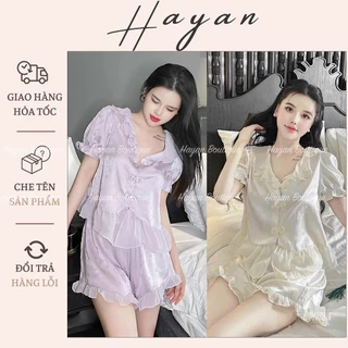 HT622 Bộ pijama lụa cổ tàu phối ren sang chảnh, set đồ ngủ tiểu thư tôn dáng HT622