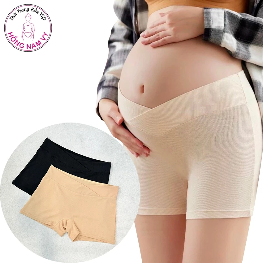 Quần mặc trong váy bầu cạp chéo HỒNG NAM VY vải kẻ gân co giãn tốt