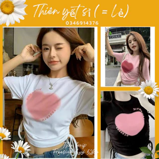 Áo thun croptop cổ tròn tay ngắn in hình TIM LỚN RÚT DÂY QT dáng ngắn croptop nữ - Thiên yết