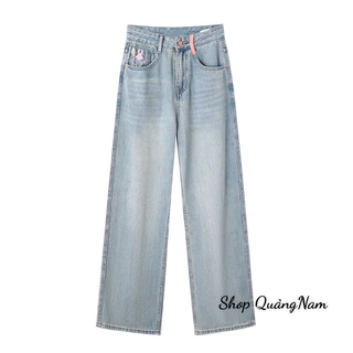 Quần jeans nữ ống suông dáng dài túi hồng thêu hình hàng Qccc