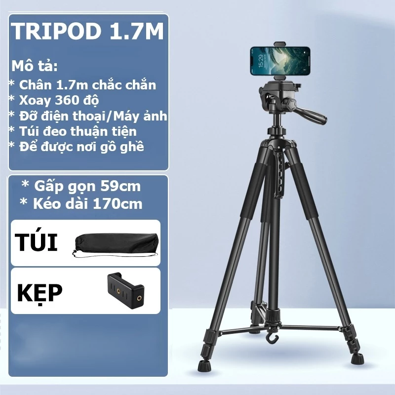 Tripod Điện Thoại Kiêm Chân Máy Ảnh 360 Độ 3 Chân Đa Năng, Điều Chỉnh Cao Thấp, Gậy Chắc Chắn Cao 170cm AnPhuStore