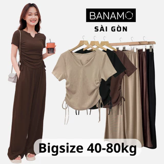 Set nữ BIGSIZE Banamo Sài Gòn bộ áo cổ xẻ V rút hông hai bên kèm quần culottes 1925