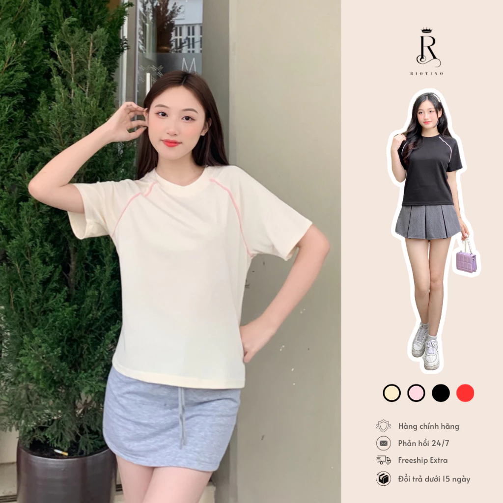 Áo thun Baby Tee Phối Đường Line 4 màu Local Brand RIOTINO Basic 250gsm Cotton Unisex Nam Nữ Cổ Tròn AT02