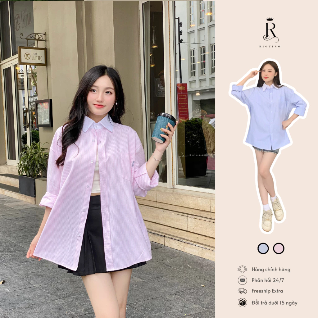 Áo Sơ Mi Kẻ Sọc Tay Dài Nam Nữ Hàn Quốc Local Brand RIOTINO Chất Liệu Oxford Form Rộng 2 Màu Hồng, Xanh SM01