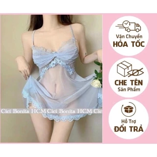 Đầm ngủ 2 dây sexy,Váy ngủ voan phối ren kiểu nơ ngực xuyên thấu gợi cảm sexy-Như Boutique