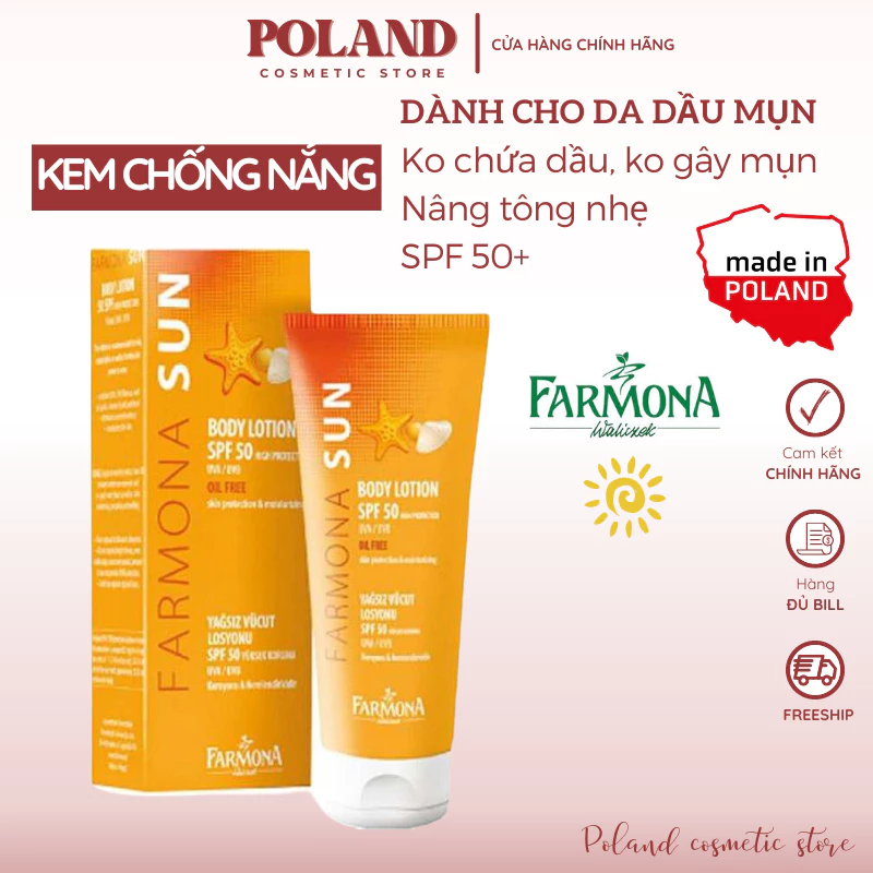 Kem chống nắng dành cho da dầu mụn Farmona Sun Face Cream oil free SPF50 50ml chống nắng hiệu quả, kiềm dầu