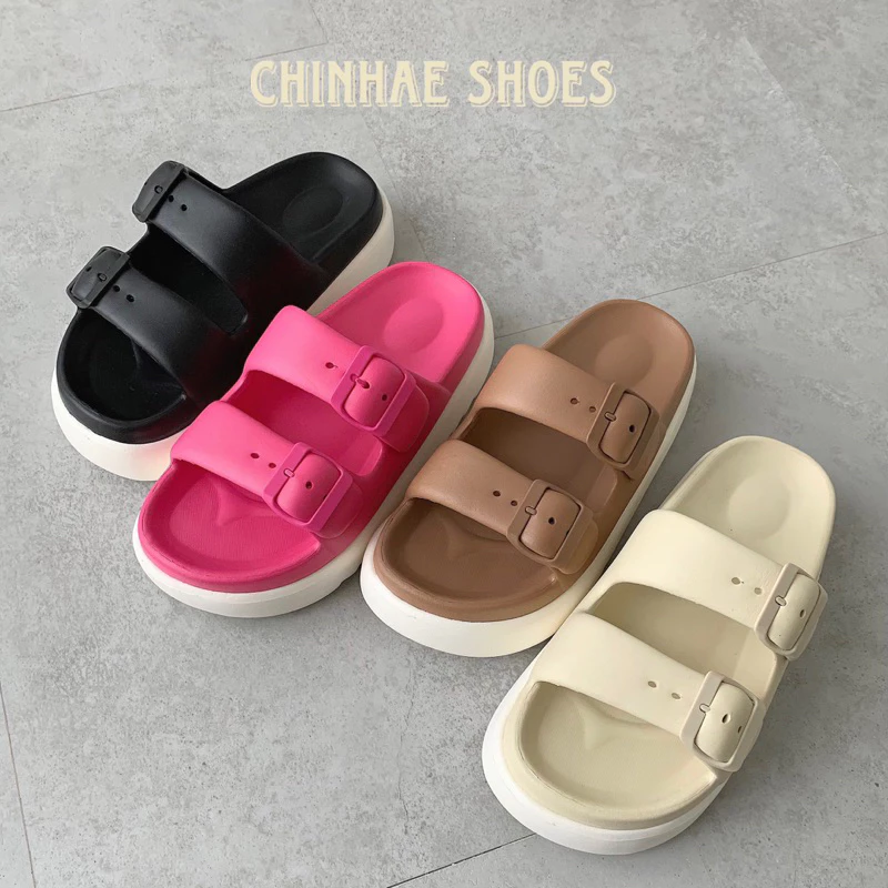 Dép lê quai ngang có khuy siêu nhẹ chống mùi chống thấm nước đế dày tăng chiều cao phong cách trẻ trung nữ D013