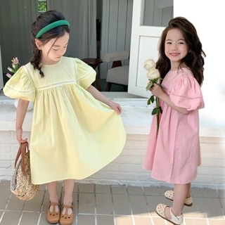 Váy Bé Gái Thepig, Đầm Công Chúa Tay Phồng Dáng Rộng Phong Cách Hàn Quốc Ngọt Ngào Cho Bé Chất Thô Cotton Loại 1 Mềm Mát