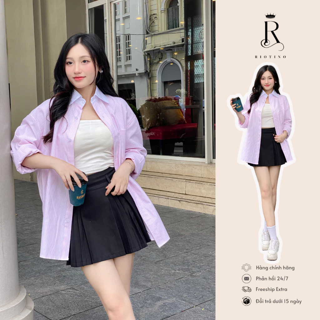 Áo Sơ Mi Oxford Dài Tay Kẻ Sọc Phối Cổ Trắng Màu Hồng RIOTINO Form Over Size Bản Cao Cấp Trẻ Trung Năng Động SM01