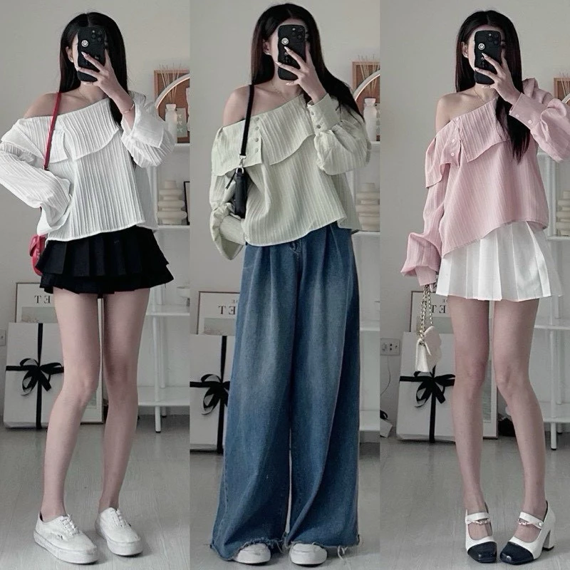 [Hot] M77 ÁO TRỄ VAI ĐÍNH NÚT TAY MÀU PASTEL TAY DÀI NHẸ NHÀNG DÀNH CHO NỮ PHONG CÁCH TIỂU THƯ CHIZISHOP