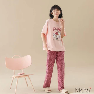 Set đồ mặc nhà nữ vải lycra cotton dáng bộ quần dài áo ngắn tay - Micha D14