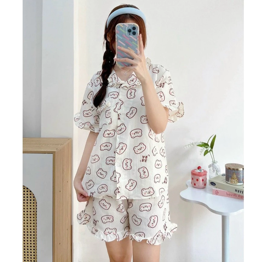 Bộ ngủ nữ, Đồ bộ mặc nhà, bộ Pijama nữ cộc tay chất liệu xốp cute