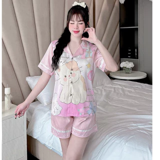 Đồ bộ nữ Pijama, đồ ngủ mặc nhà tay ngắn lụa xước cao cấp siêu dễ thương