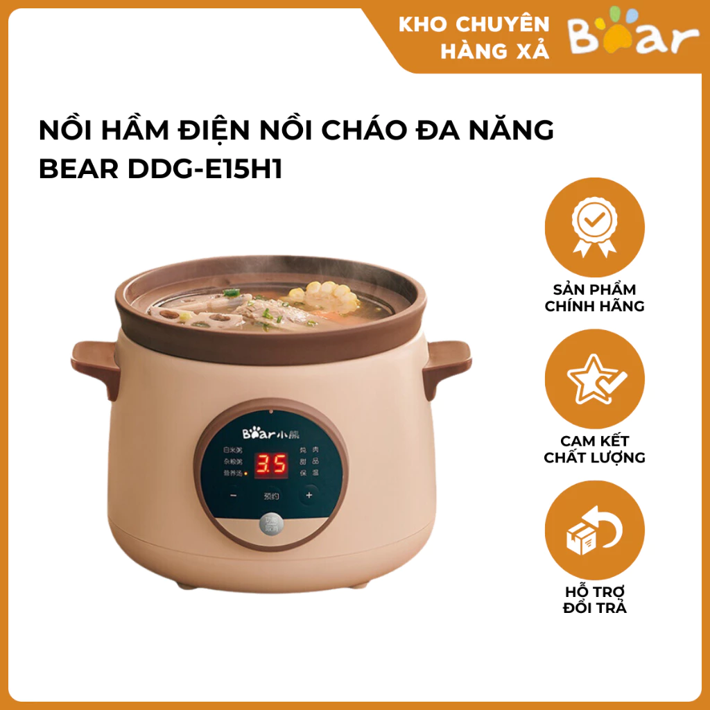Nồi Hầm Điện Nồi Cháo Đa Năng Bear DDG-E15H1 Tự Động Chịu Nhiệt Tốt Có Hẹn Giờ Dễ Vệ Sinh 1,5L